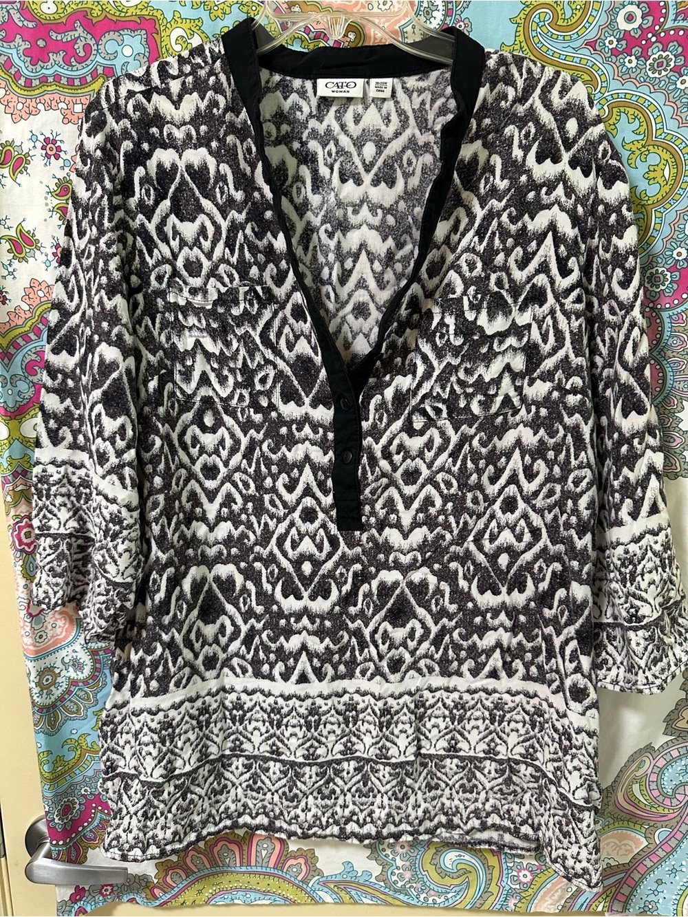 Cato Black & White Printed V-Neck Tunic